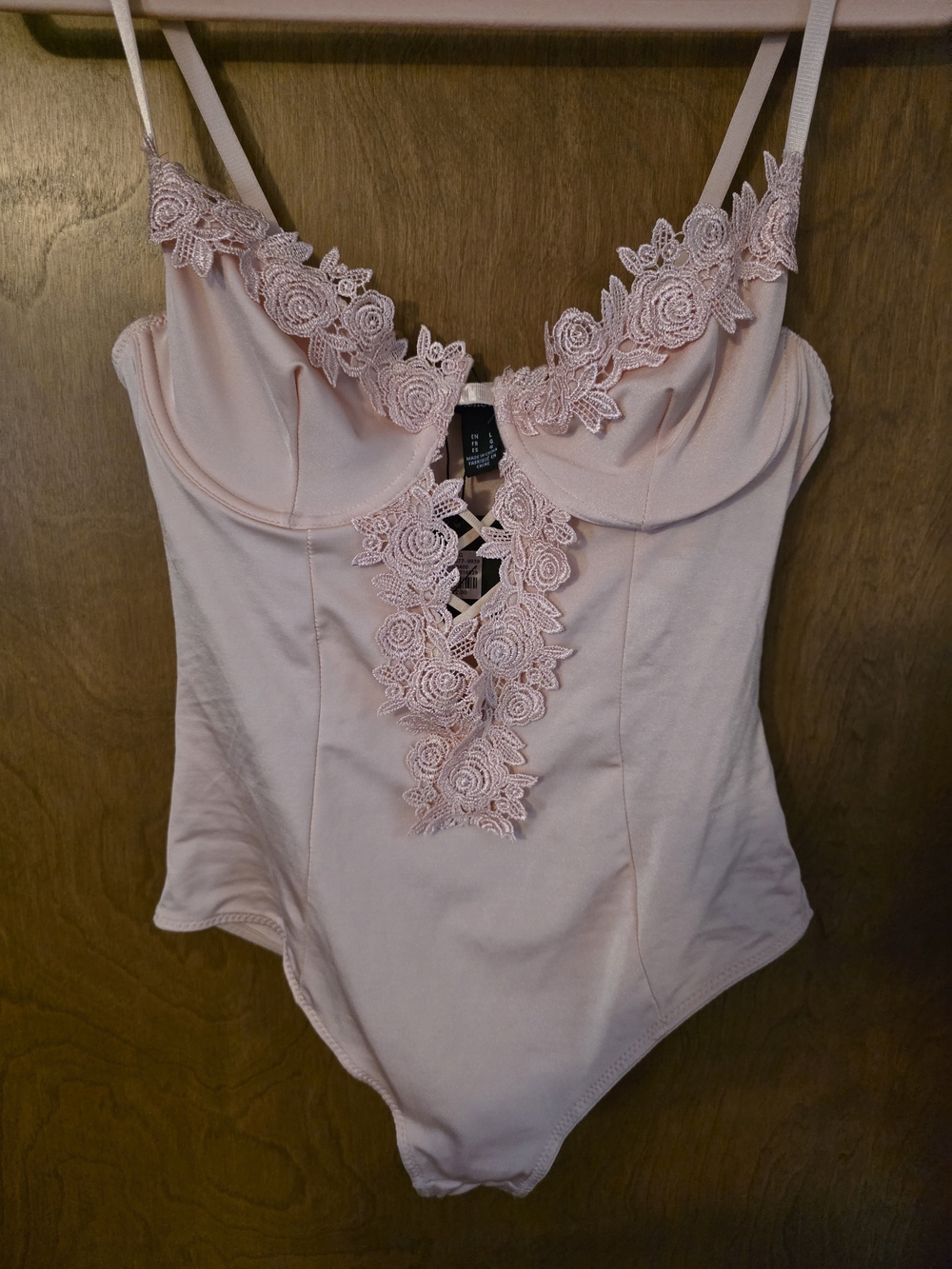 Charlotte Russe Blush Pink Lace-Trim Bodysuit